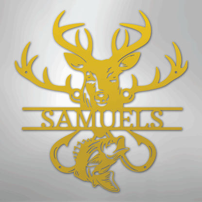 Steel Sign Yellow / 24" Personalized Fish & Deer Metal Name Sign – Farmhouse Hunting Wall Decor