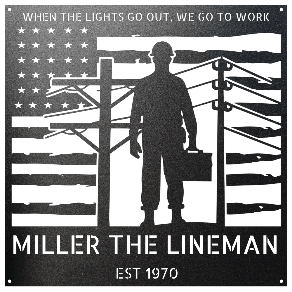 Steel Sign Black / 12 Personalized Lineman Metal Wall Art with American Flag