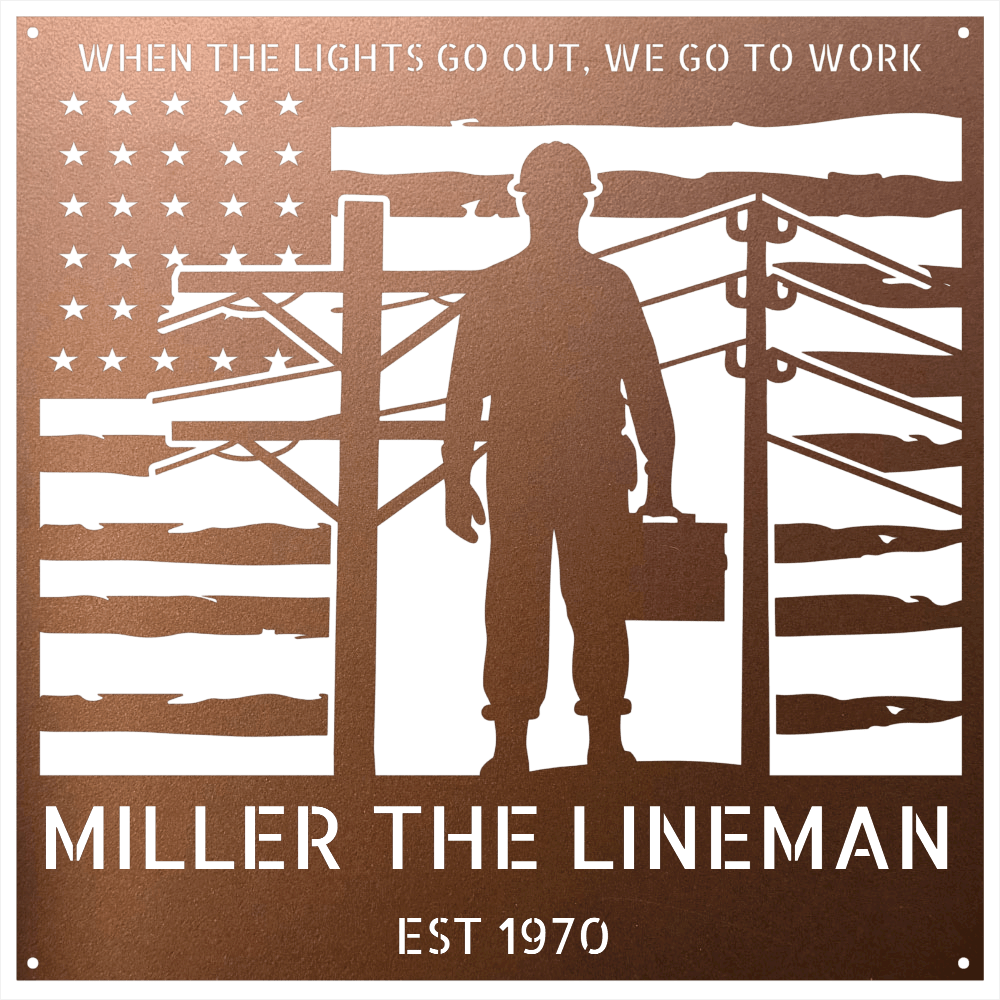 Steel Sign Copper / 12 Personalized Lineman Metal Wall Art with American Flag