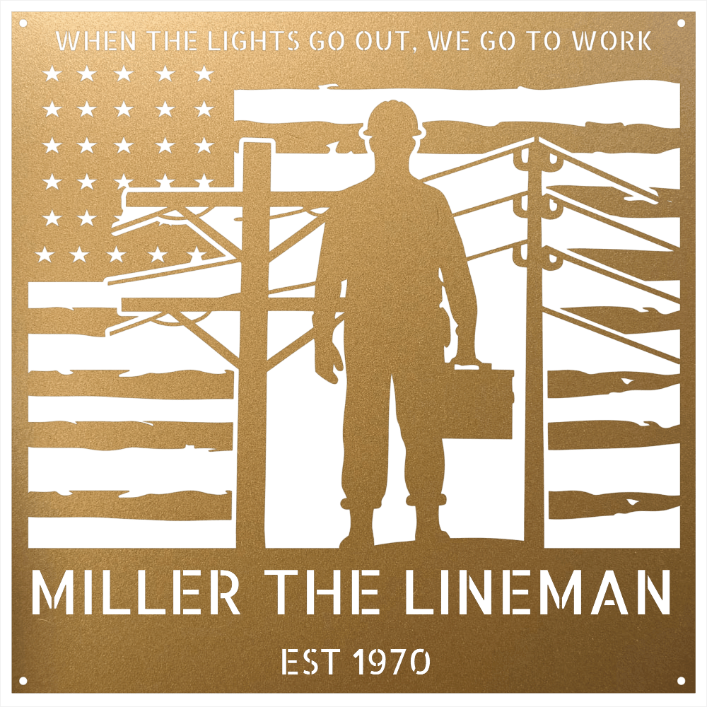 Steel Sign Gold / 12 Personalized Lineman Metal Wall Art with American Flag