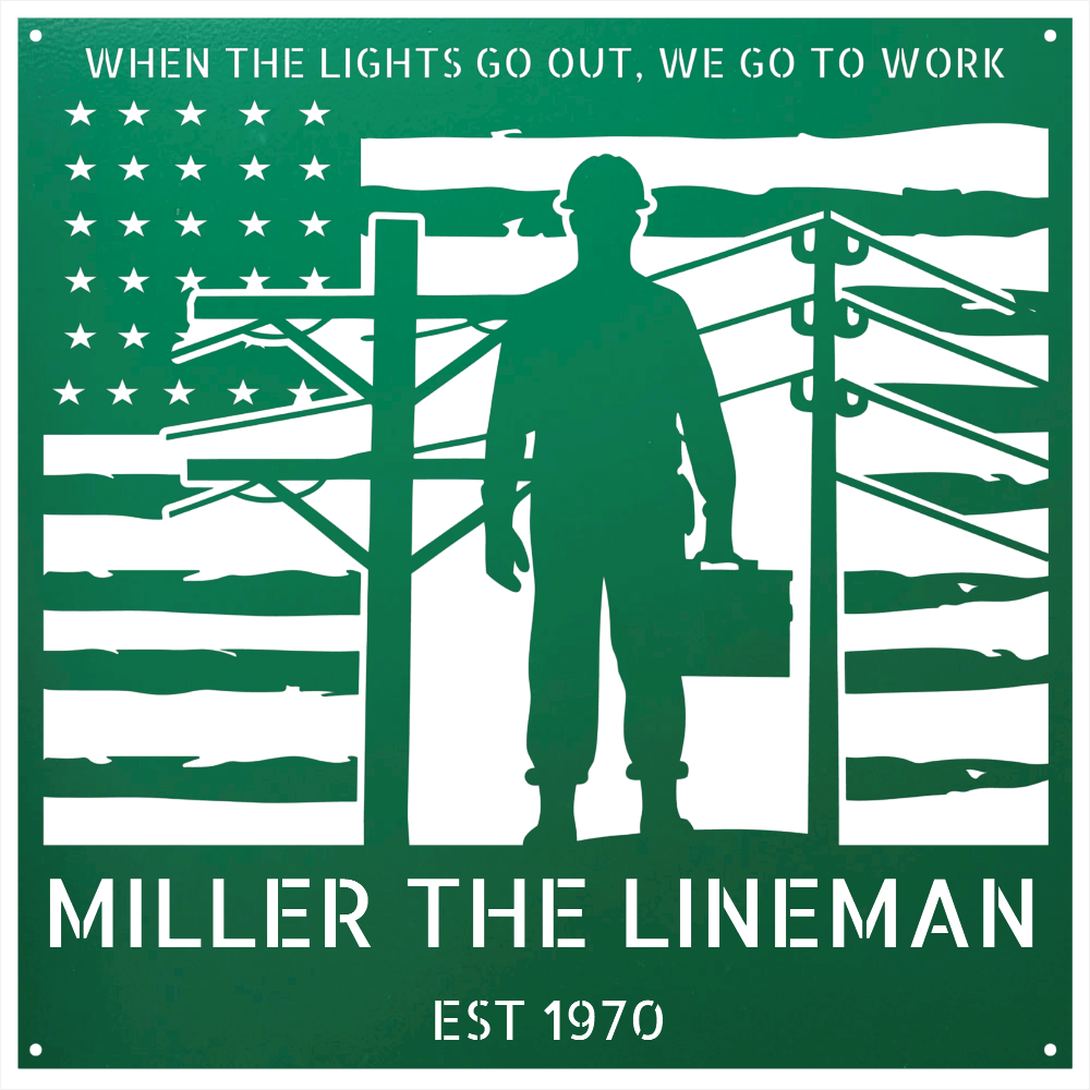 Steel Sign Green / 12 Personalized Lineman Metal Wall Art with American Flag