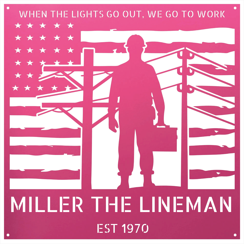 Steel Sign Pink / 12 Personalized Lineman Metal Wall Art with American Flag
