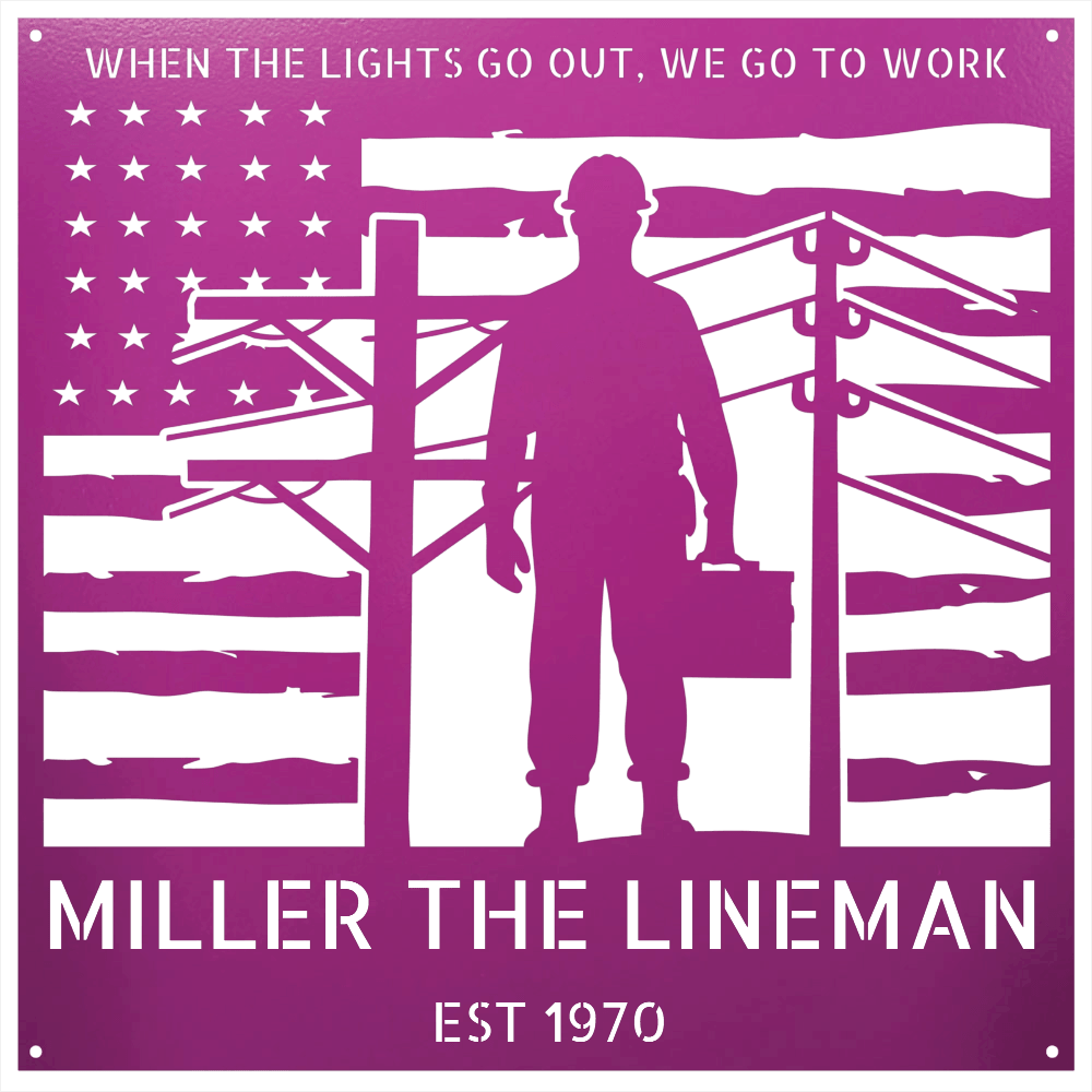Steel Sign Purple / 12 Personalized Lineman Metal Wall Art with American Flag