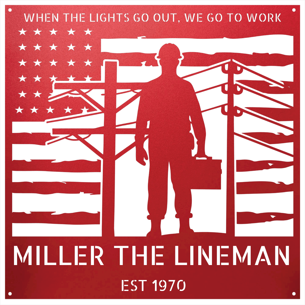 Steel Sign Red / 12 Personalized Lineman Metal Wall Art with American Flag