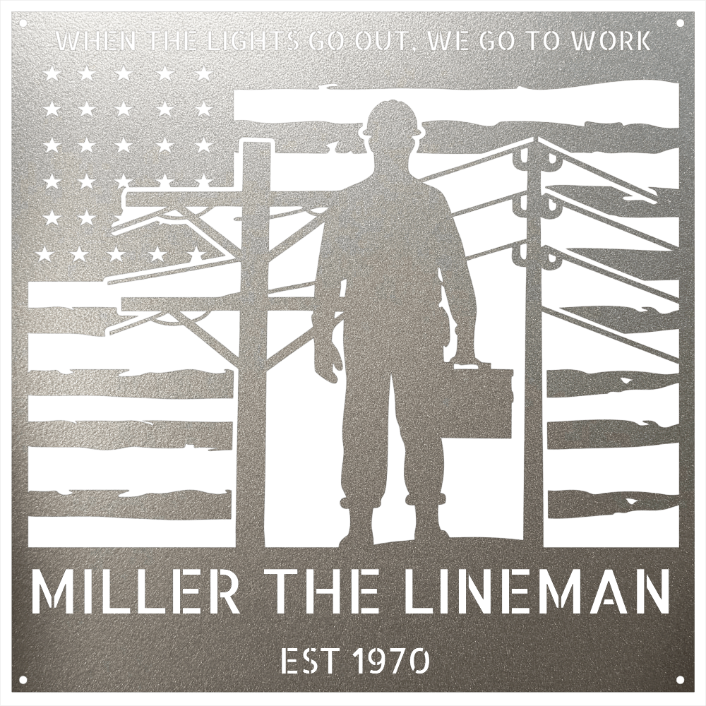 Steel Sign Silver / 12 Personalized Lineman Metal Wall Art with American Flag