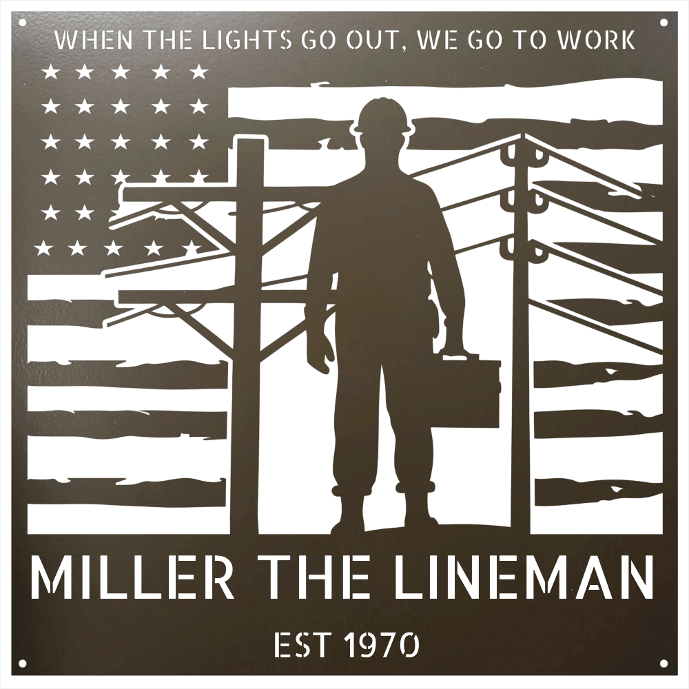 Steel Sign Stone / 12 Personalized Lineman Metal Wall Art with American Flag