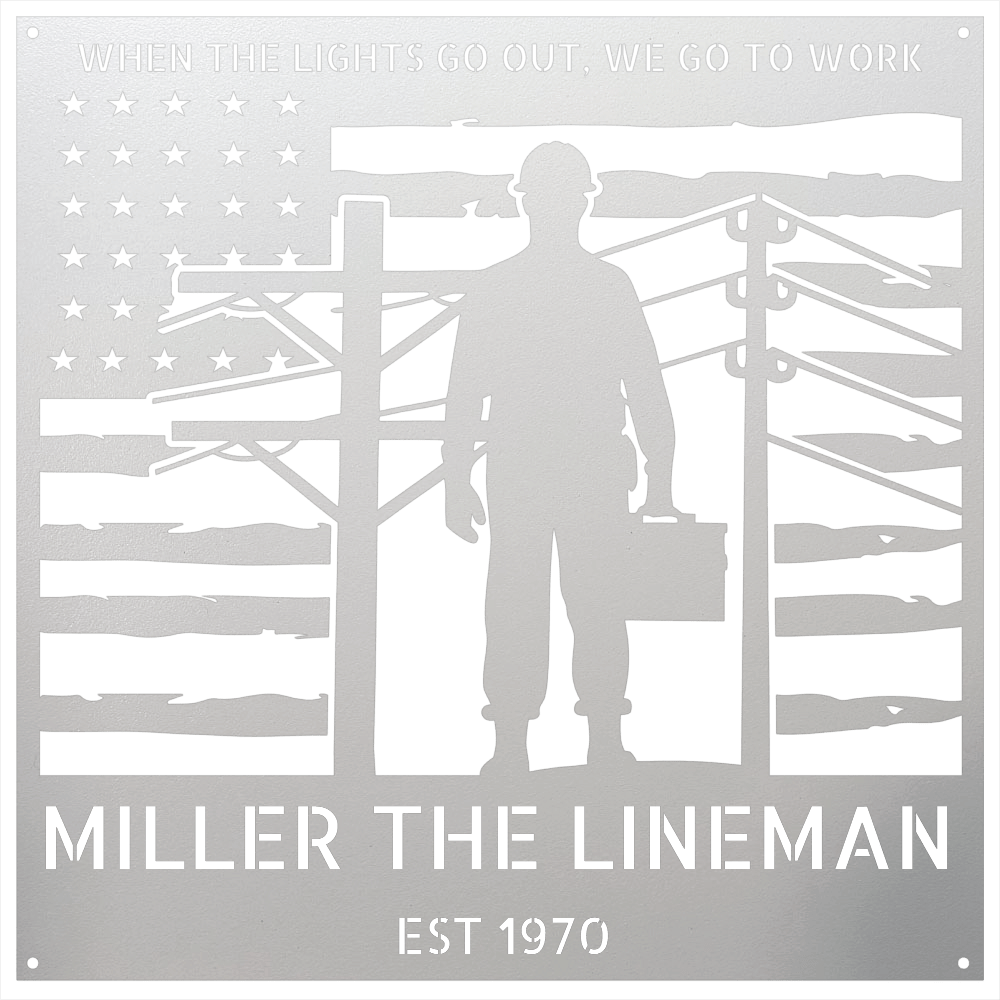 Steel Sign White / 12 Personalized Lineman Metal Wall Art with American Flag