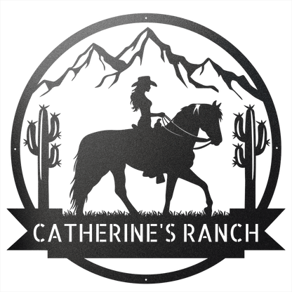 Steel Sign Black / 12 Personalized Ranch Sign | Cowgirl on Horseback Metal Wall Art