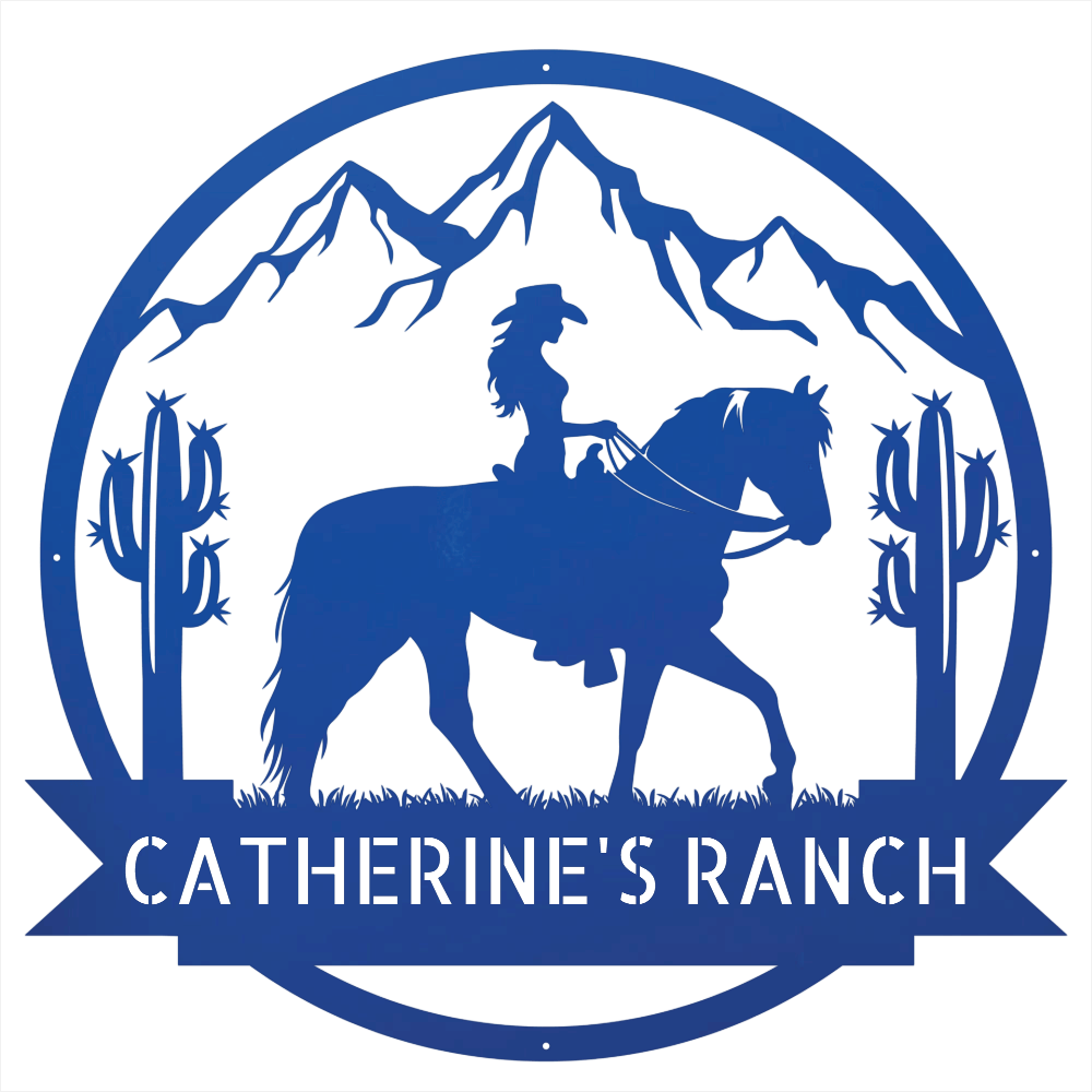 Steel Sign Blue / 12 Personalized Ranch Sign | Cowgirl on Horseback Metal Wall Art