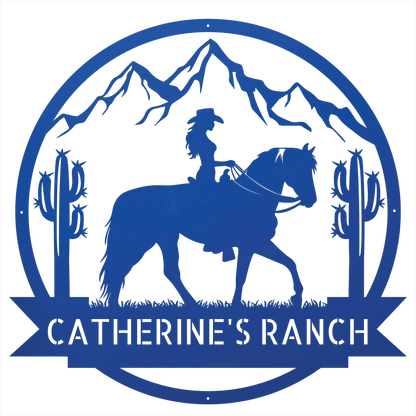 Steel Sign Blue / 12 Personalized Ranch Sign | Cowgirl on Horseback Metal Wall Art