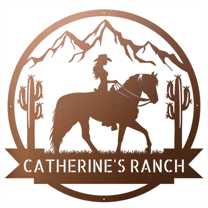 Steel Sign Copper / 12 Personalized Ranch Sign | Cowgirl on Horseback Metal Wall Art