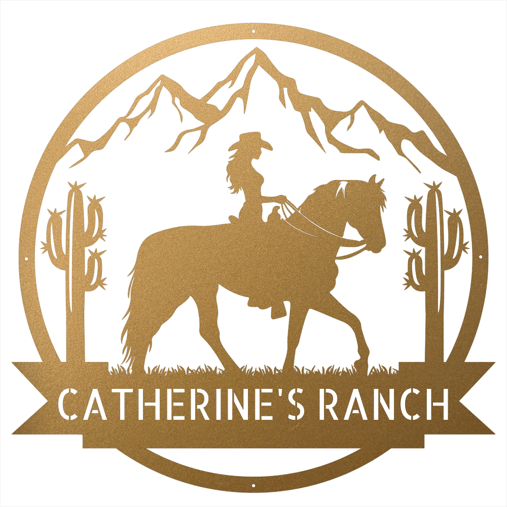 Steel Sign Gold / 12 Personalized Ranch Sign | Cowgirl on Horseback Metal Wall Art