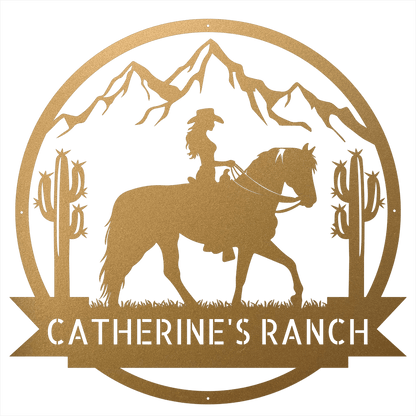 Steel Sign Gold / 12 Personalized Ranch Sign | Cowgirl on Horseback Metal Wall Art