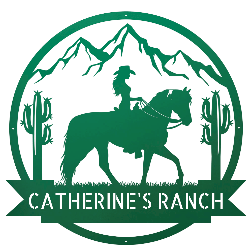 Steel Sign Green / 12 Personalized Ranch Sign | Cowgirl on Horseback Metal Wall Art