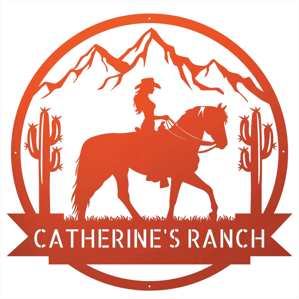 Steel Sign Orange / 12 Personalized Ranch Sign | Cowgirl on Horseback Metal Wall Art
