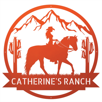 Steel Sign Orange / 12 Personalized Ranch Sign | Cowgirl on Horseback Metal Wall Art