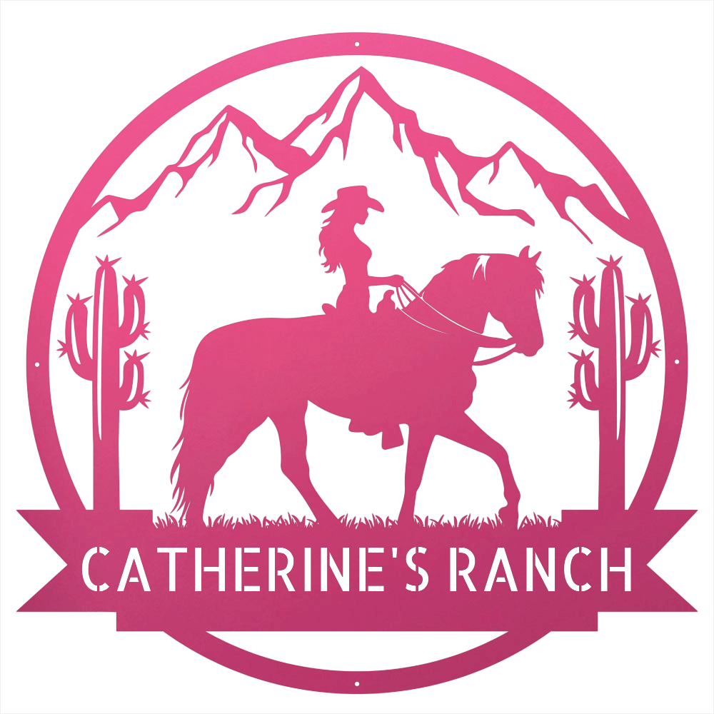 Steel Sign Pink / 12 Personalized Ranch Sign | Cowgirl on Horseback Metal Wall Art