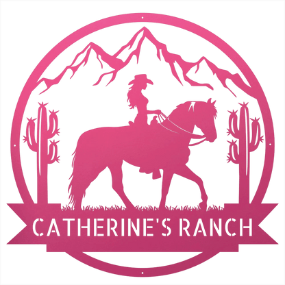 Steel Sign Pink / 12 Personalized Ranch Sign | Cowgirl on Horseback Metal Wall Art