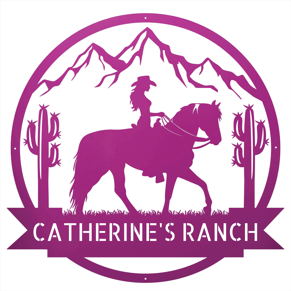Steel Sign Purple / 12 Personalized Ranch Sign | Cowgirl on Horseback Metal Wall Art