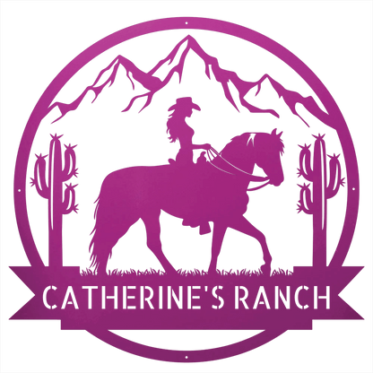 Steel Sign Purple / 12 Personalized Ranch Sign | Cowgirl on Horseback Metal Wall Art