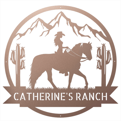 Steel Sign Rose / 12 Personalized Ranch Sign | Cowgirl on Horseback Metal Wall Art