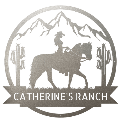 Steel Sign Silver / 12 Personalized Ranch Sign | Cowgirl on Horseback Metal Wall Art