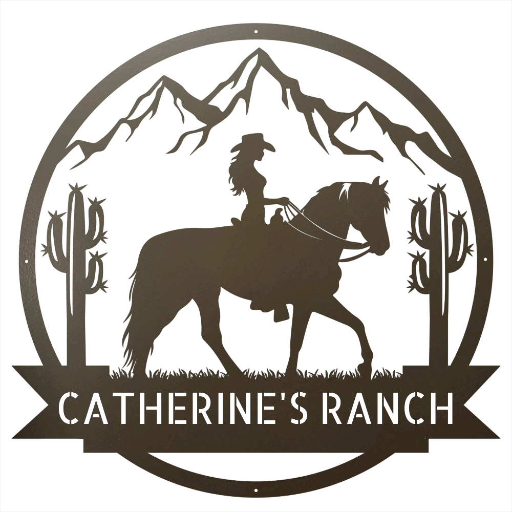 Steel Sign Stone / 12 Personalized Ranch Sign | Cowgirl on Horseback Metal Wall Art