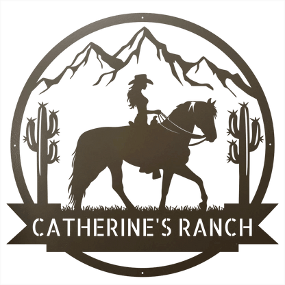 Steel Sign Stone / 12 Personalized Ranch Sign | Cowgirl on Horseback Metal Wall Art