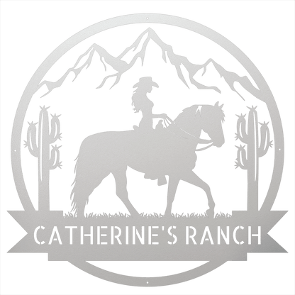 Steel Sign White / 12 Personalized Ranch Sign | Cowgirl on Horseback Metal Wall Art