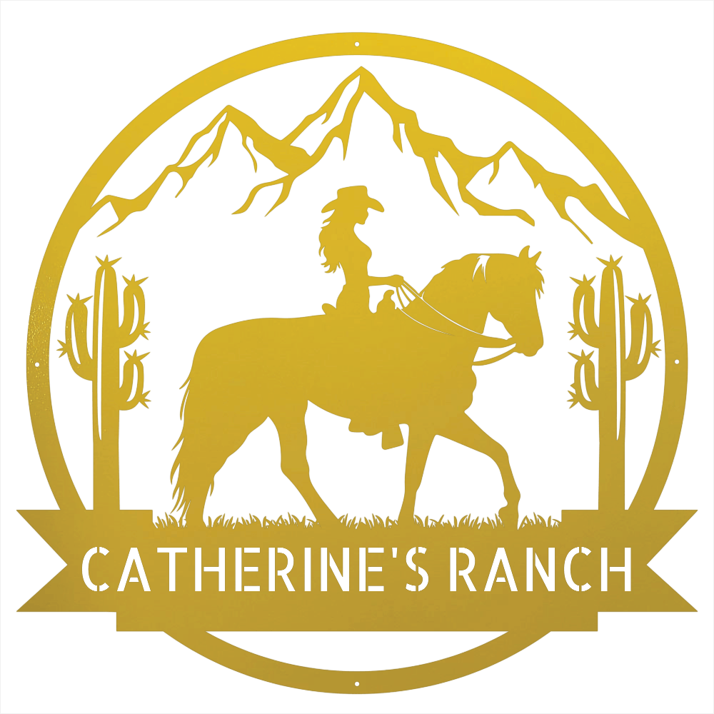 Steel Sign Yellow / 12 Personalized Ranch Sign | Cowgirl on Horseback Metal Wall Art