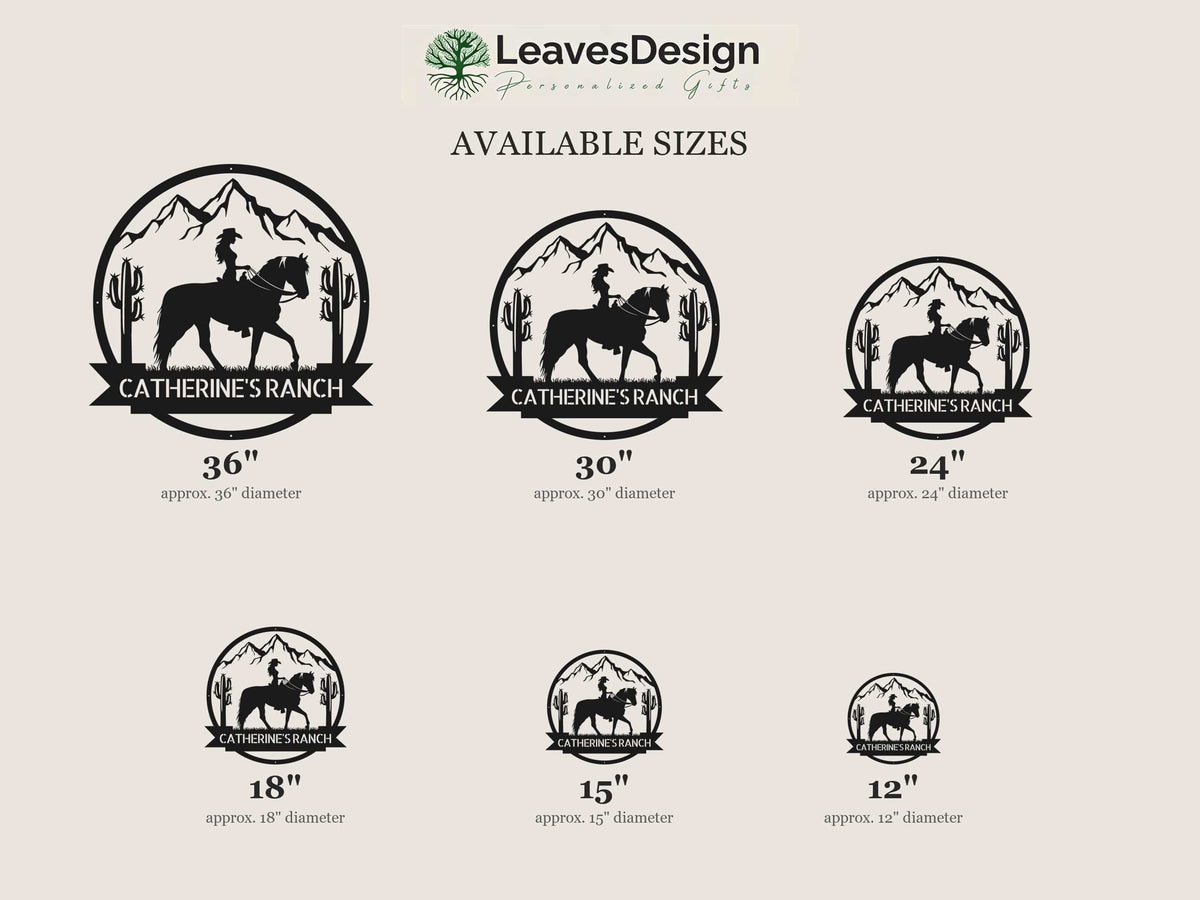 Steel Sign Personalized Ranch Sign | Cowgirl on Horseback Metal Wall Art