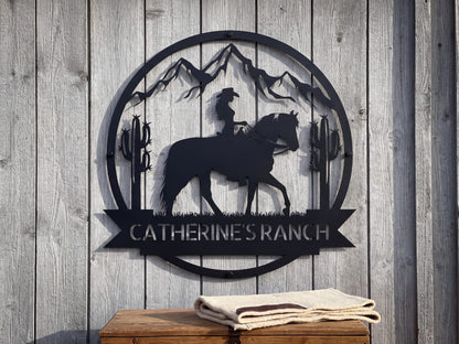 Steel Sign Personalized Ranch Sign | Cowgirl on Horseback Metal Wall Art