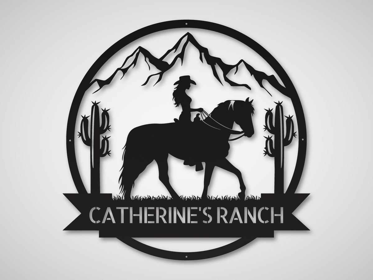 Steel Sign Personalized Ranch Sign | Cowgirl on Horseback Metal Wall Art