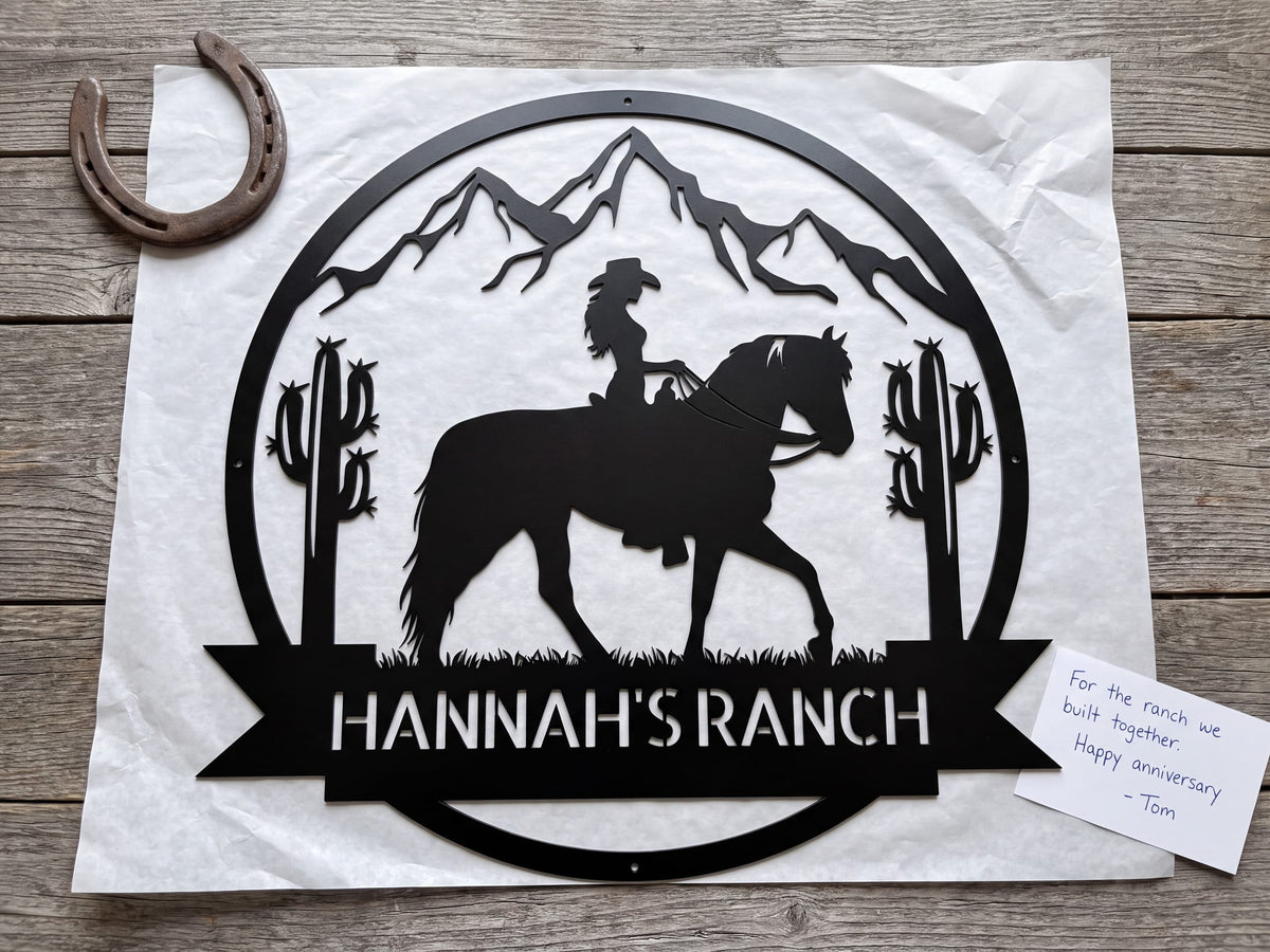 Steel Sign Personalized Ranch Sign | Cowgirl on Horseback Metal Wall Art