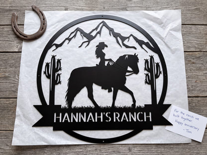 Steel Sign Personalized Ranch Sign | Cowgirl on Horseback Metal Wall Art