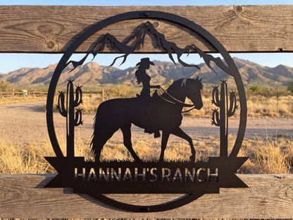 Steel Sign Personalized Ranch Sign | Cowgirl on Horseback Metal Wall Art