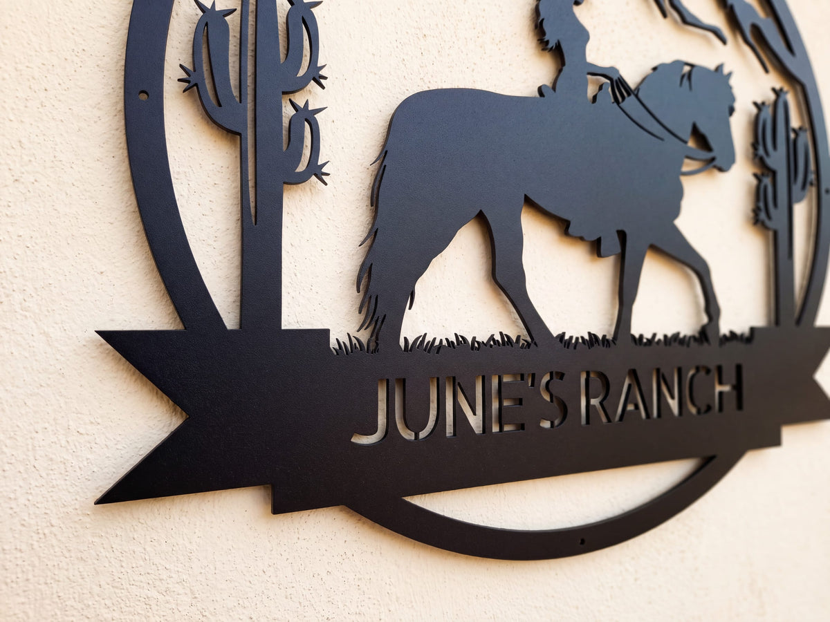 Steel Sign Personalized Ranch Sign | Cowgirl on Horseback Metal Wall Art