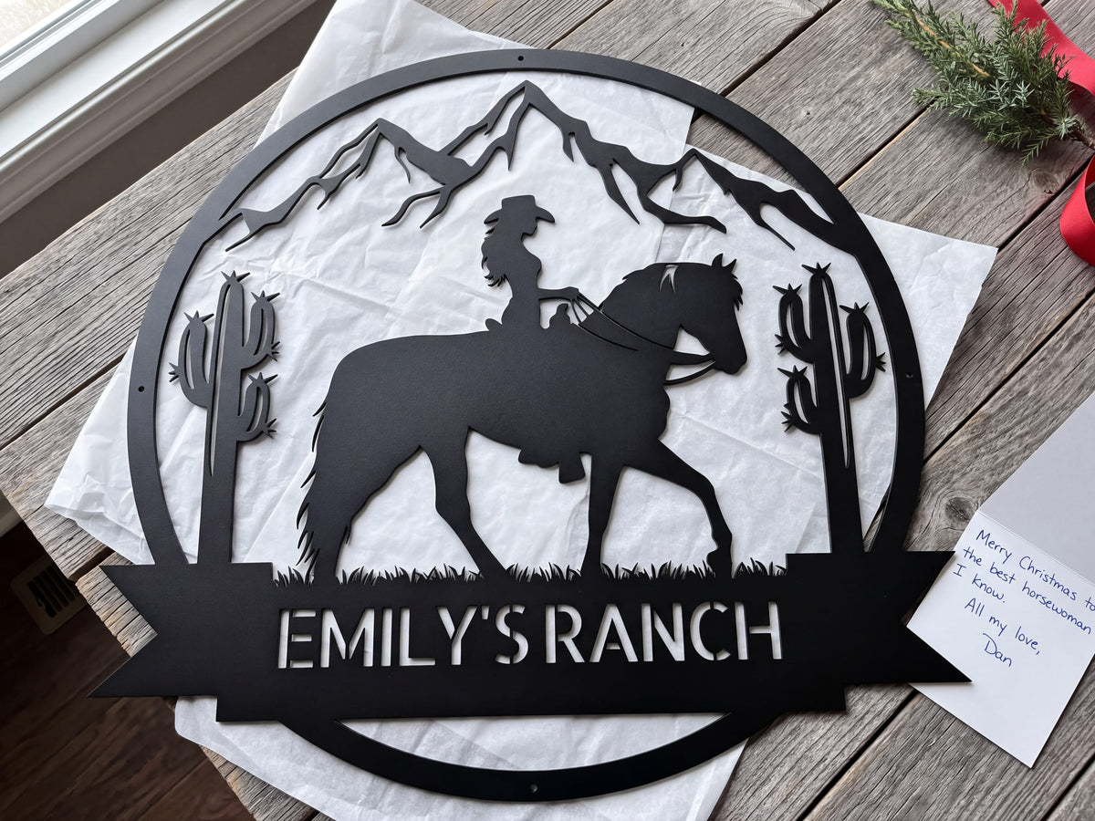 Steel Sign Personalized Ranch Sign | Cowgirl on Horseback Metal Wall Art