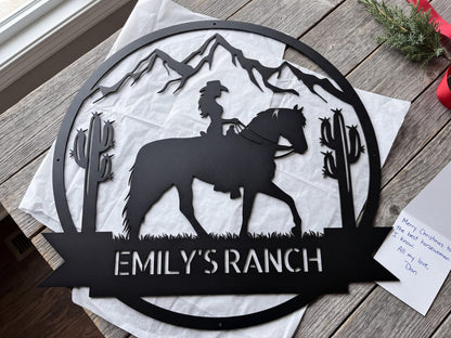 Steel Sign Personalized Ranch Sign | Cowgirl on Horseback Metal Wall Art