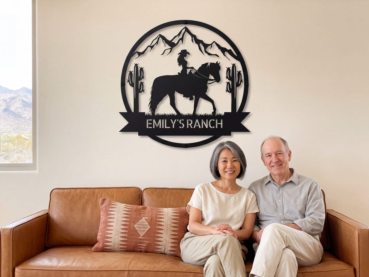 Steel Sign Personalized Ranch Sign | Cowgirl on Horseback Metal Wall Art