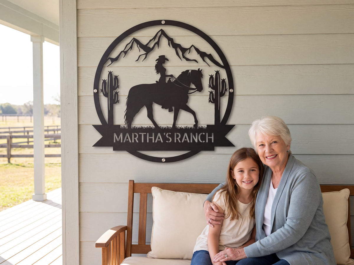 Steel Sign Personalized Ranch Sign | Cowgirl on Horseback Metal Wall Art