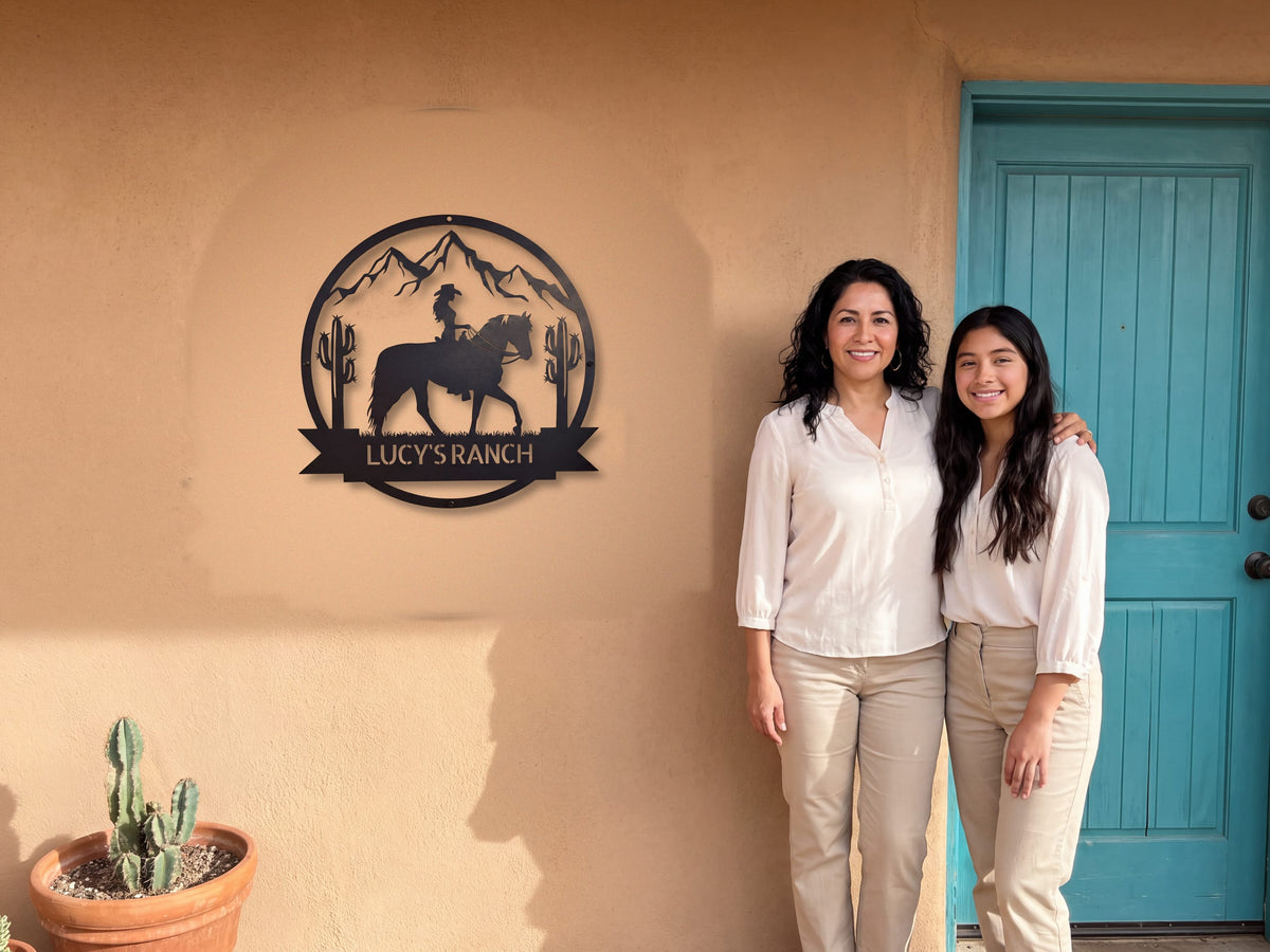 Steel Sign Personalized Ranch Sign | Cowgirl on Horseback Metal Wall Art
