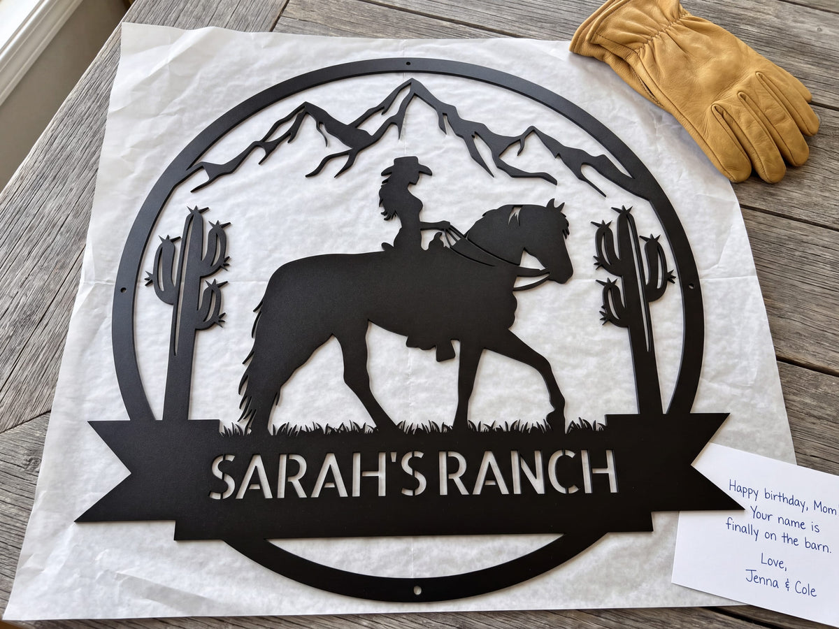 Steel Sign Personalized Ranch Sign | Cowgirl on Horseback Metal Wall Art