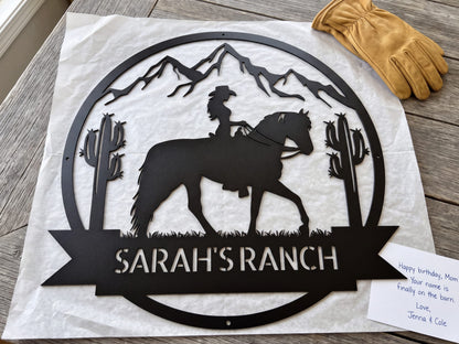 Steel Sign Personalized Ranch Sign | Cowgirl on Horseback Metal Wall Art