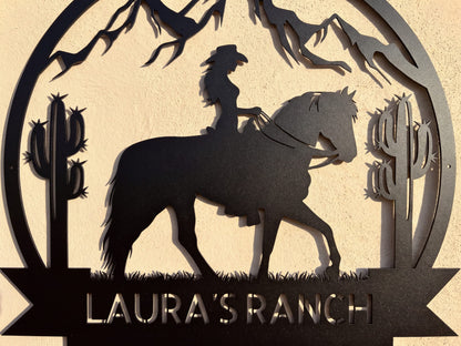 Steel Sign Personalized Ranch Sign | Cowgirl on Horseback Metal Wall Art