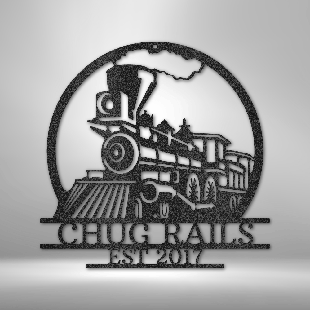 Steel Sign Black / 12" Personalized Train Metal Sign – Custom Steam Locomotive Wall Art with Family Name