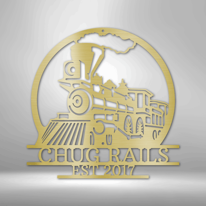 Steel Sign Gold / 12" Personalized Train Metal Sign – Custom Steam Locomotive Wall Art with Family Name