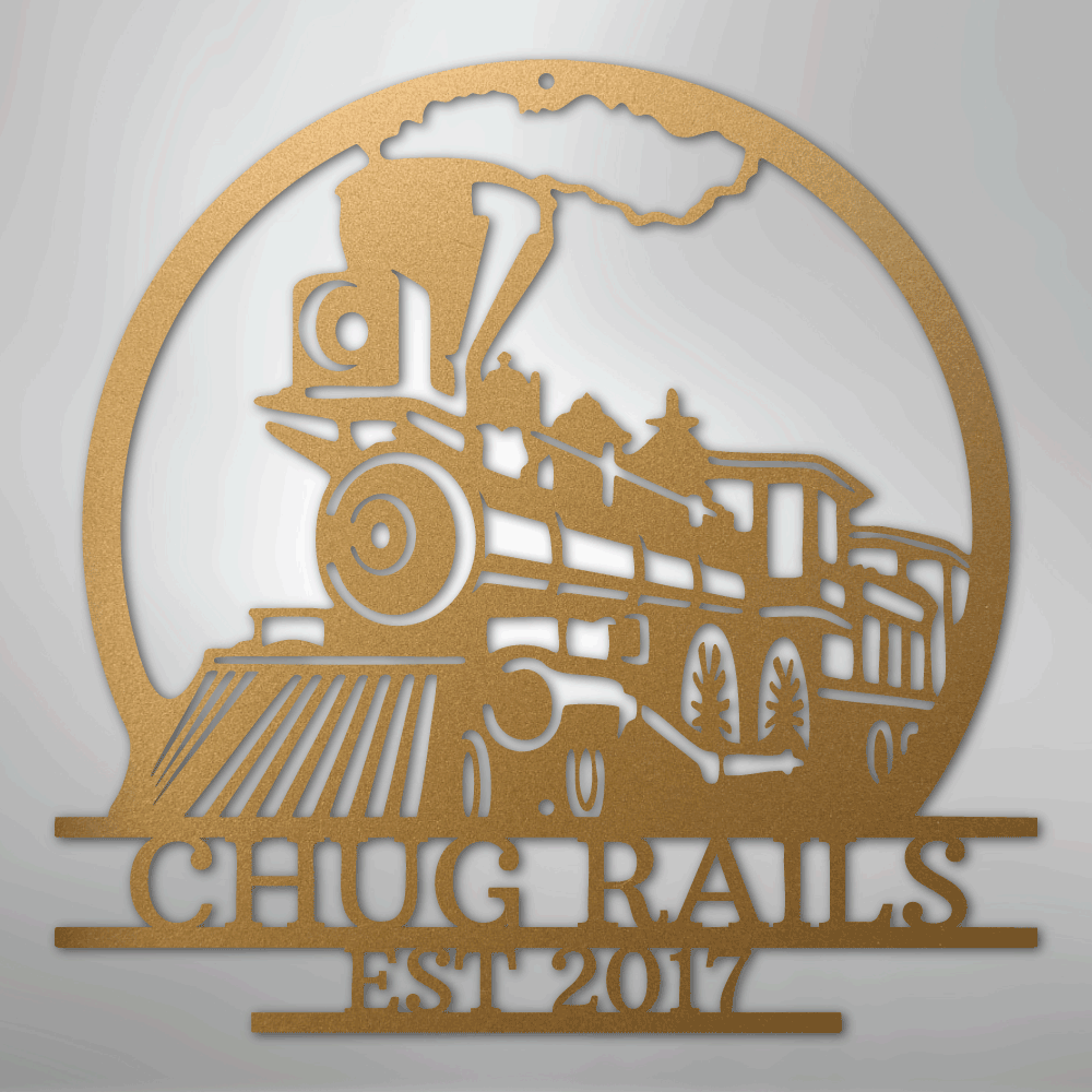 Steel Sign Gold / 12" Personalized Train Metal Sign – Custom Steam Locomotive Wall Art with Family Name