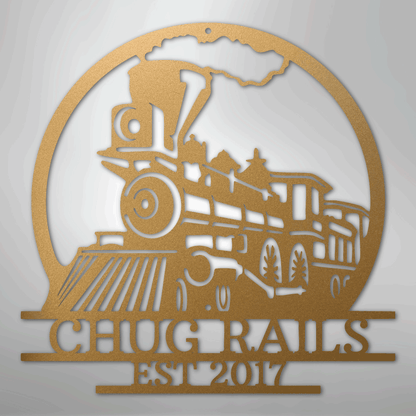 Steel Sign Gold / 12" Personalized Train Metal Sign – Custom Steam Locomotive Wall Art with Family Name