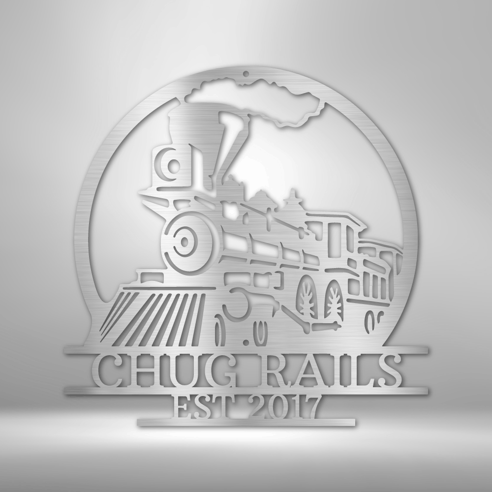 Steel Sign Silver / 12" Personalized Train Metal Sign – Custom Steam Locomotive Wall Art with Family Name